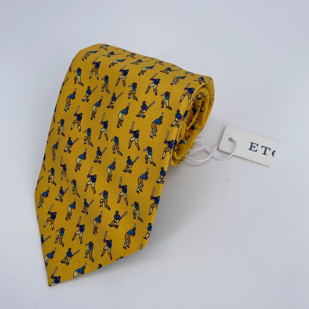Eton Tie Mens One Size Yellow Cricket Print Silk Professional Necktie Italy Made
